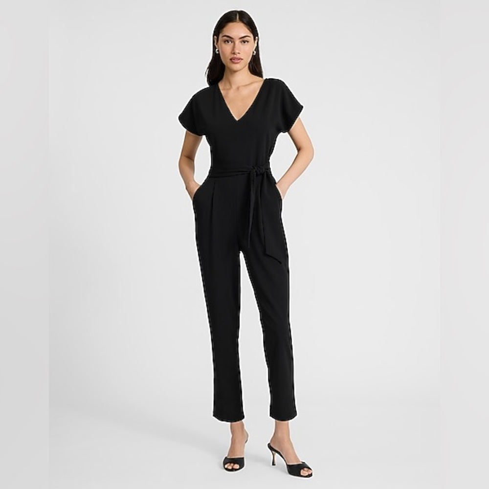 Express V-Neck Tie Waist Straight Leg Jumpsuit with Pockets